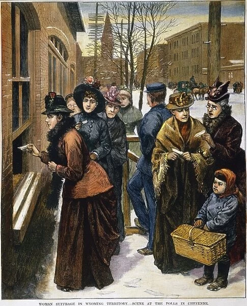 Women voting at the polls in Cheyenne, Wyoming, in the presidential election of 1888. Contemporary color engraving