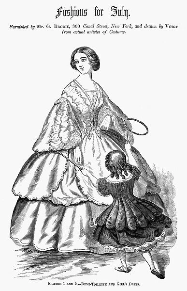 WOMENs FASHION, 1859. Demi-Toilette and Girls Dress. Fashion illustration from an American magazine, 1859, of dresses furnished by a store on Canal Street, New York
