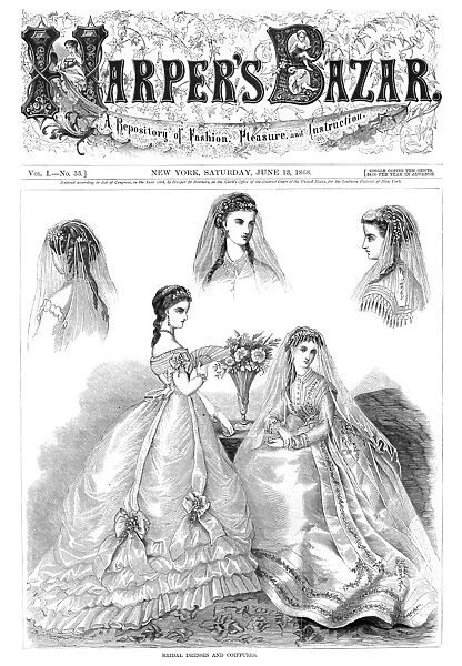 WOMENs FASHION, 1868. Bridal Dresses and Coiffures. Wood engraving from an American newspaper