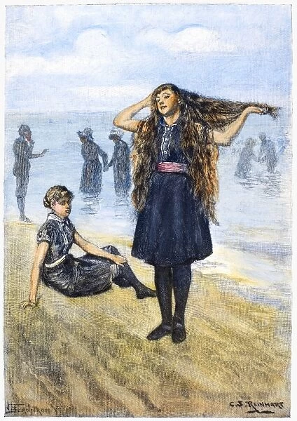 WOMENs FASHION, 1886. Bathers on the beach at Ocean Grove, New Jersey. Wood engraving, 1886, after a painting by C. S. Reinhart
