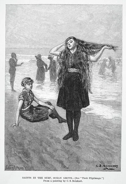 WOMENs FASHION, 1886. Bathers at Ocean Grove, New Jersey. Wood engraving, 1886, after a painting by C. S. Reinhart