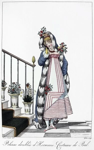 WOMENs FASHION, c1814. A merveilleuse wearing an ermine-lined coat and ball costume