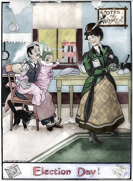 WOMENs RIGHTS, 1909. Election Day! A suffragette leaving two infant children in the care of her husband as she prepares to go out. American cartoon by E. W. Gustin, 1909, satirizing the womens suffrage movement