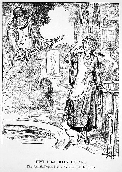 WOMENs RIGHTS CARTOON, 1915. An anti-suffragist has a vision of a corrupt politician