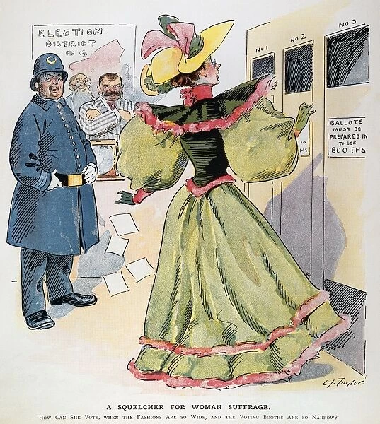 WOMENs RIGHTS CARTOON. A Squelcher for Woman Suffrage. American cartoon, 1894, by C. Jay Taylor facetiously suggesting that the then current fashions were an effective barrier to woman suffrage