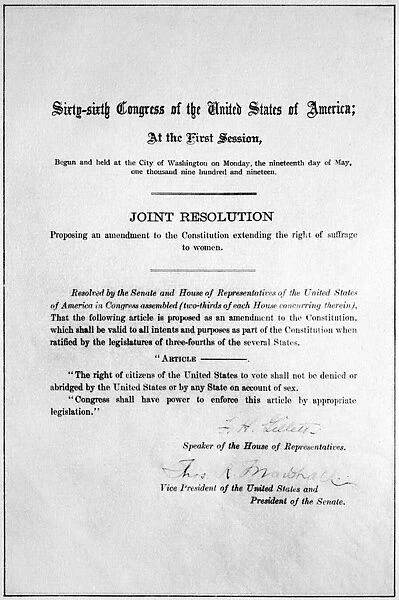 WOMENs RIGHTS MOVEMENT. The Congressional Resolution for the submissiom of the 19th Amendment to the Constitution to the state legislatures for ratification