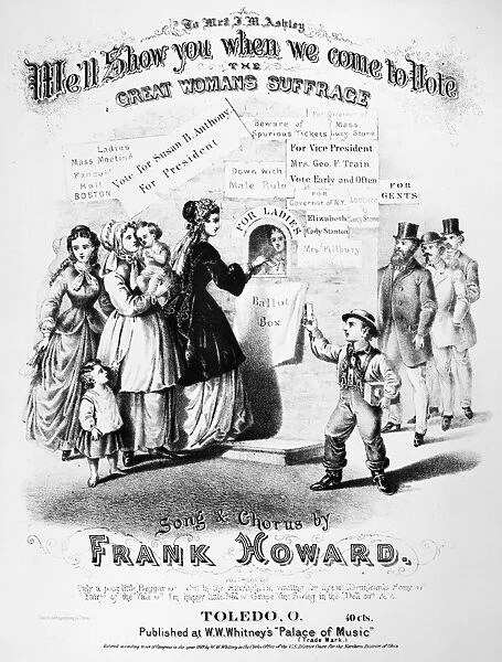 WOMENs RIGHTS: MUSIC, 1869. Lithograph sheet music cover of an American song satire on the womens suffrage movement, 1869