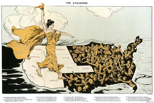 WOMENs SUFFRAGE, 1915. The Awakening. American cartoon, 1915, by Henry Mayer, showing an allegorical representation of the suffrage cause striding across the western states, where women already had the right to vote, toward the east, where women are reaching out to her. Printed below the cartoon is a poem by Alice Duer Miller