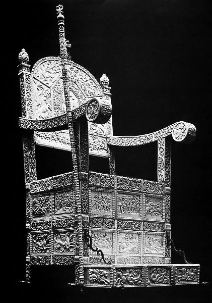 Wood-framed throne covered with carved ivory plates depicting scenes from mythology, heraldry, history and everyday life. Owned by Ivan IV of Russia, called Ivan the Terrible. Constructed early 1500s