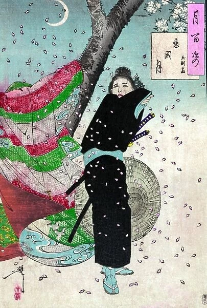 Woodblock print by Tsukioka Yoshitoshi from the series, One Hundred Aspects of the Moon, 1885-1892. Print depicts Gyokuensai, a young samurai warrior, startled by the wind blowing blossom petals and a robe tied to a tree