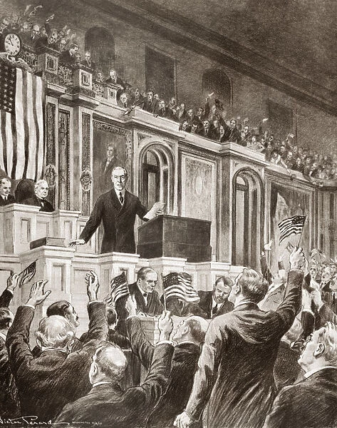 WOODROW WILSON (1856-1924). President Woodrow Wilson before Congress, 2 April 1917