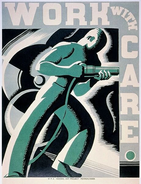 Work With Care. American poster for the Works Progress Administration. Woodblock, by Robert Muchley, c1936
