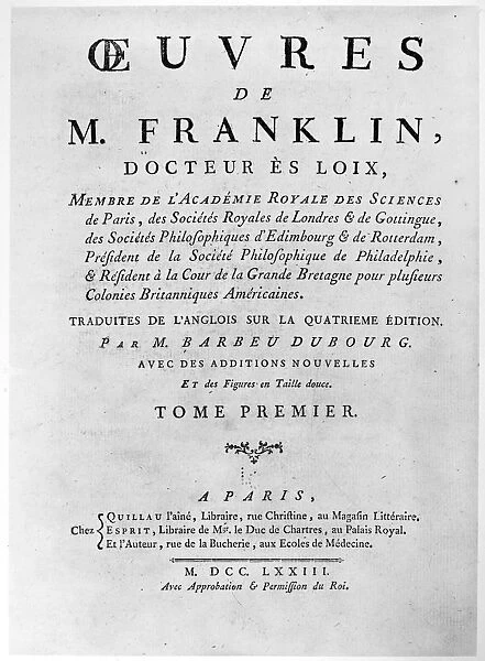 WORKS OF FRANKLIN, 1773. Title page of a French edition of the works of Benjamin Franklin