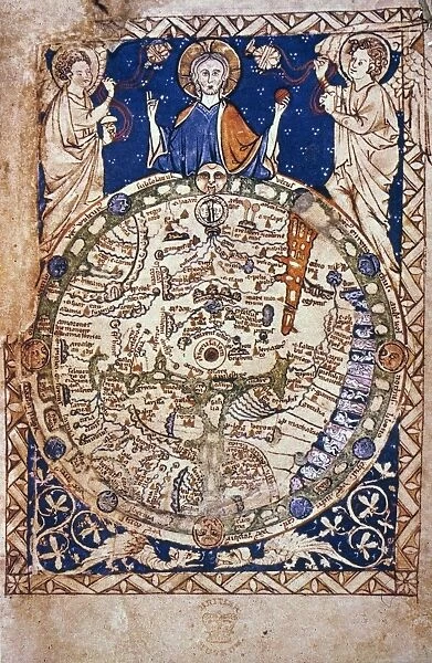 WORLD MAP, 13th CENTURY. Centered on Jerusalem, from an early 13th century English