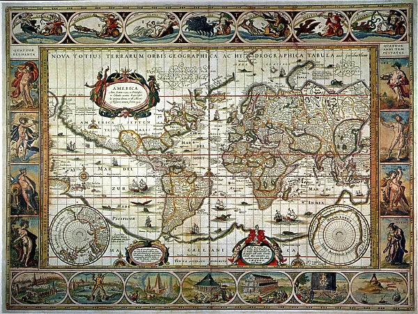 WORLD MAP, 1635. By Willem Janszoon Blaeu, with two polar insets in the body of the map