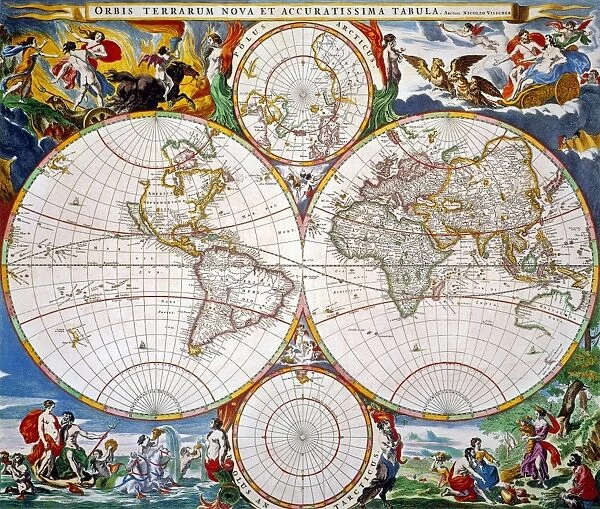 WORLD MAP, 17TH CENTURY. Nicols Visshers world map from Jan Janssons Novus Atlas, 1647-1662, with scenes from