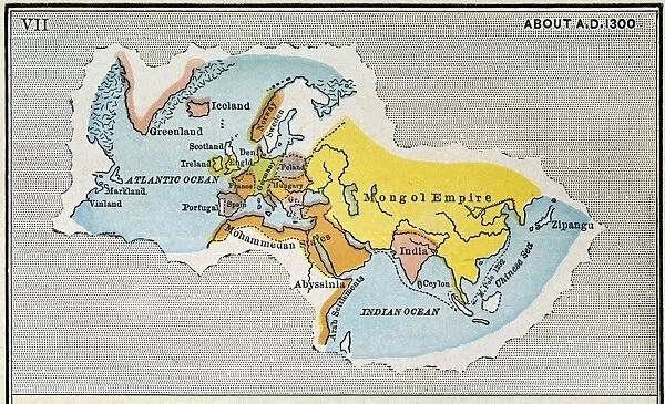 WORLD MAP, c1300. Map, late 19th century, depicting the extent of knowledge of the worlds geography c1300, and including the route of Marco Polos return voyage from China