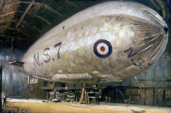 WORLD WAR I: AIRSHIP. British World War I North Sea class non-rigid airship in hangar at East Fortune. Painting by Alfred Egerton Cooper