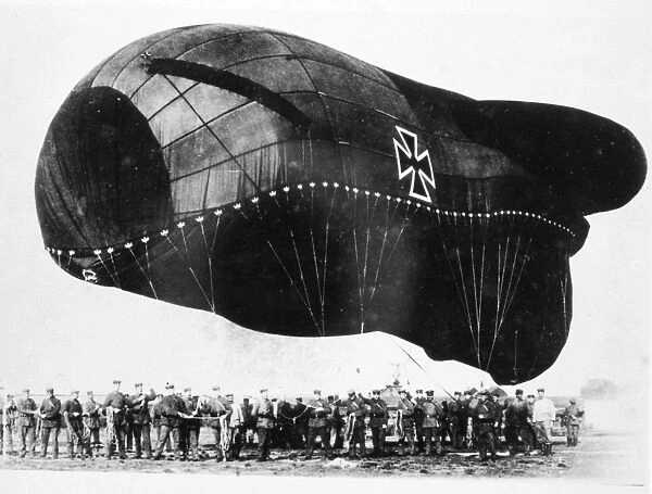 WORLD WAR I: AIRSHIP. A German barrage balloon and ground crew during World War I