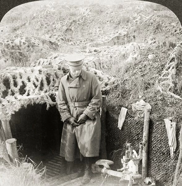 WORLD WAR I: AISNE, 1917. American officer in camouflaged trench at Chemin des Dames
