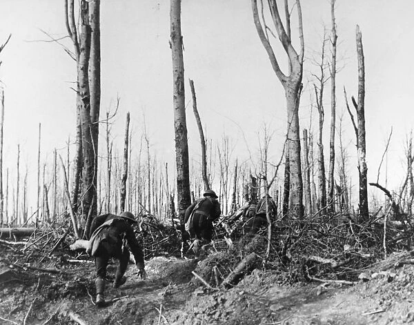 WORLD WAR I: ARGONNE, 1918. U. S. Marines climbing a hill in the Meuse-Argonne forest