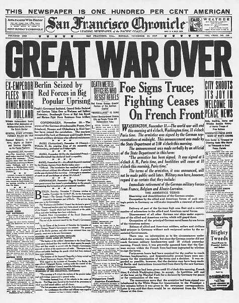 WORLD WAR I: ARMISTICE. The front page of the San Francisco Chronicle, 11 November 1918