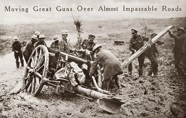 WORLD WAR I: ARTILLERY. Allied troops jacking a piece of artillery out of the mud