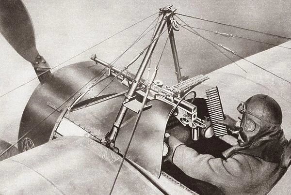 A World War I aviator seated behind his machine gun. Photo and illustration, c1918