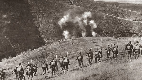 WORLD WAR I: BALKAN FRONT. Bulgarian troops advancing against heavy artillery fire