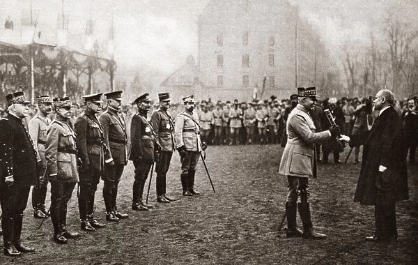 WORLD WAR I: BATON, 1918. General Henri Petain being presented with the Marshals Baton