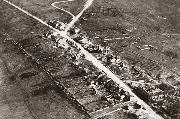 WORLD WAR I: BEAUMONT. The town of Beaumont destroyed in Battle. On the left is Dead Mans Curve