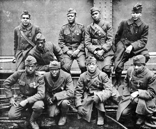 WORLD WAR I: BLACK TROOPS. Returning U. S. soldiers of the Black 369th Infantry Regiment, all wearing the Croix de Guerre, aboard the S. S. Stockholm, February 1919