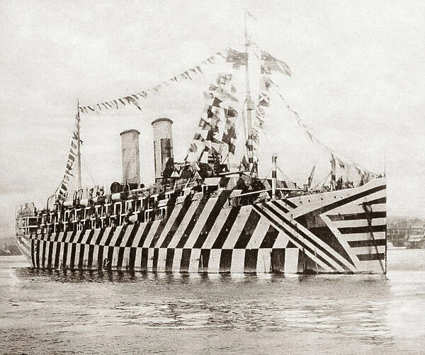 WORLD WAR I: CAMOUFLAGE. The zebra-striped British transport ship Osterly decked