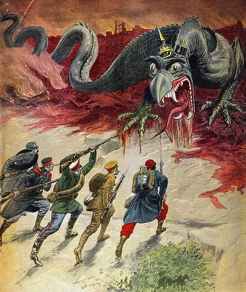 WORLD WAR I: CARTOON, 1914. Down With the Monster! French troops attacking the German dragon in a cartoon from a French magazine, 20 September 1914, at the beginning of World