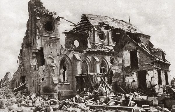 WORLD WAR I: CHURCH Destroyed church in Ribecourt on the river Oise, France. Photograph