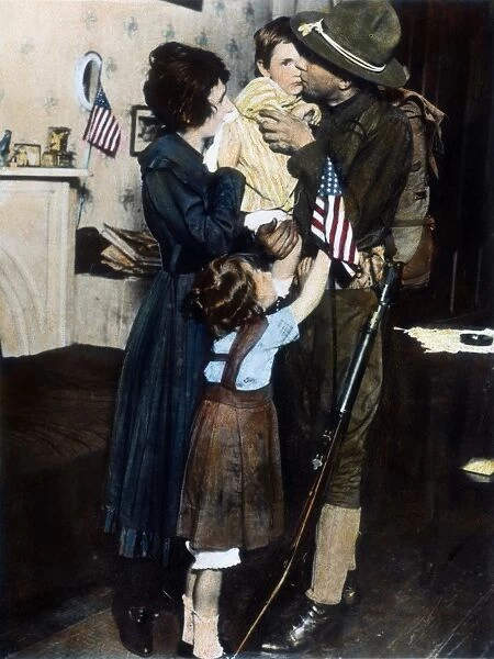 WORLD WAR I: DEPLOYMENT. Private T. P. Loughlin of the 69th Infantry saying farewell to his family in 1917 before being deployed to Europe during World War I. Oil over a photograph, 1917
