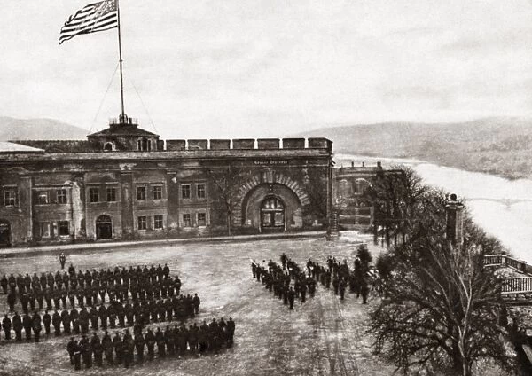 WORLD WAR I: FORTRESS. American flag being raised over Fort Ehrenbreitstein, a