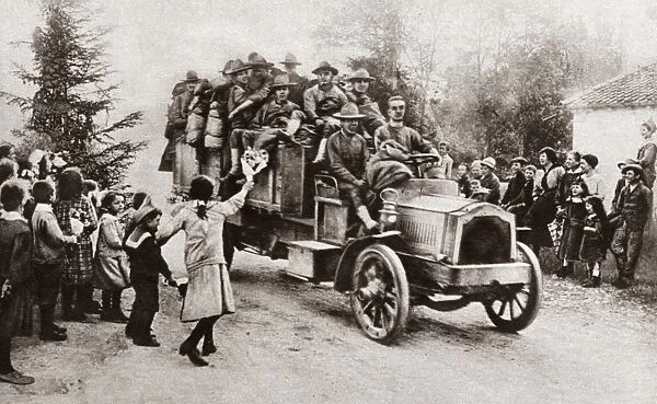 WORLD WAR I: FRANCE, 1917. Citizens of Menaucourt, France, greeting arriving U