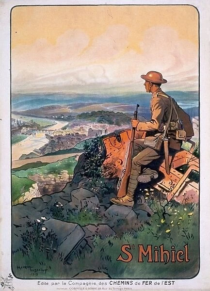 WORLD WAR I: FRENCH POSTER. A French soldier sitting on top of a hill, overlooking St