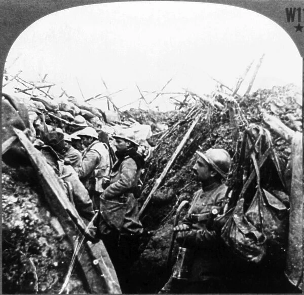 WORLD WAR I. French soldiers in trenches during World War I. Stereograph, 1914-1918