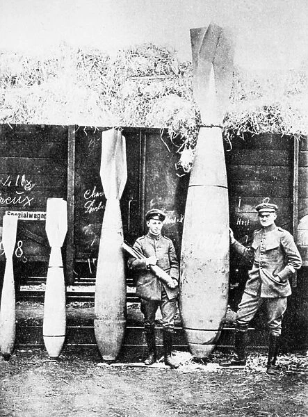 WORLD WAR I: GERMAN BOMBS. German aerial bombs, with a one-thousand kilogram gift