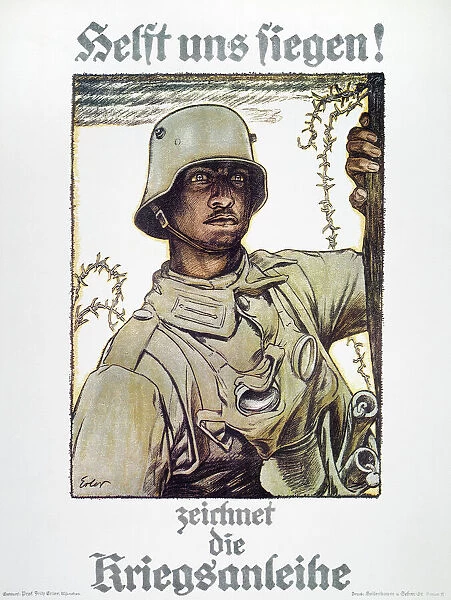 WORLD WAR I: GERMAN POSTER. Help Us Win!-Subscribe to the War Loan. German World War I poster, c1917, by Fritz Erler