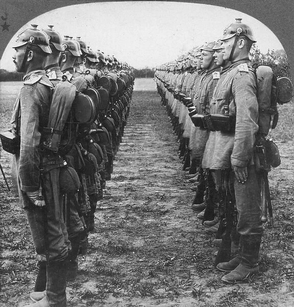 WORLD WAR I: GERMAN TROOP. Helmeted German soldiers lined up for review during World War I. From a stereograph view