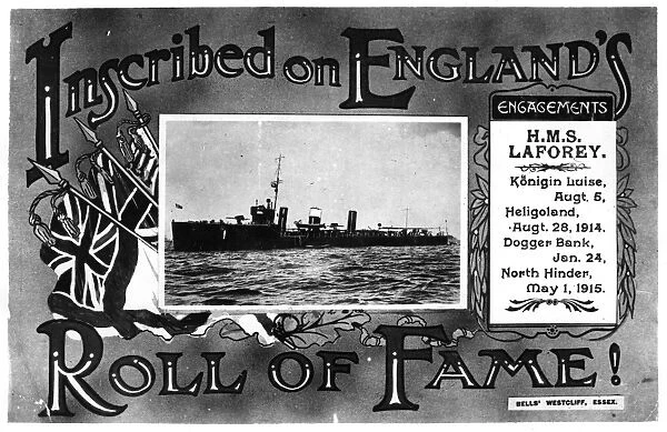WORLD WAR I: HMS LAFOREY. English postcard, c1915, celebrating the victories of