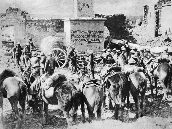 WORLD WAR I: HORSES. British cavalry patrol at Tilloy, France, with a captured