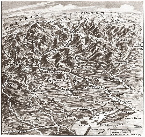 WORLD WAR I: ITALIAN FRONT. Map, 1919, showing the field of operations on the Piave