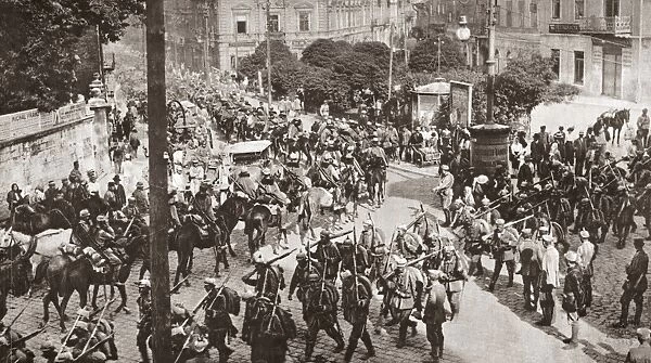 WORLD WAR I: LEMBERG. Bavarian and Austrian troops passing through Lemberg, Galicia