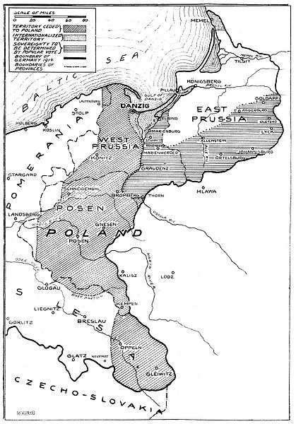 WORLD WAR I: MAP, 1919. Map showing sections of Eastern Germany that were taken away