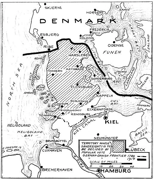 WORLD WAR I: MAP, 1919. The Schleswig territory bordering Denmark and Germany shown