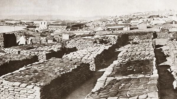 WORLD WAR I: MUDROS. Stores of sand bags and war materials gathered on the island